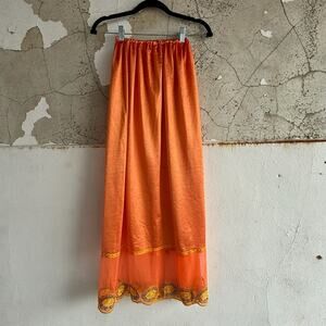 Vintage Boho Maxi Skirt Orange Sheer Floral Hem Embroidered Mesh Detail